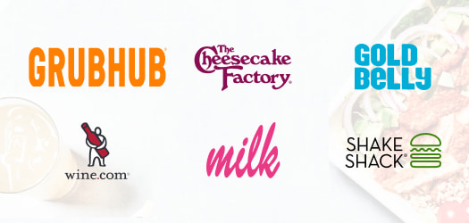 Various logo designs for different companies - Grubhub, The Cheesecake Factory, Gold Belly, Wine.com, Milk, and Shake Shack.